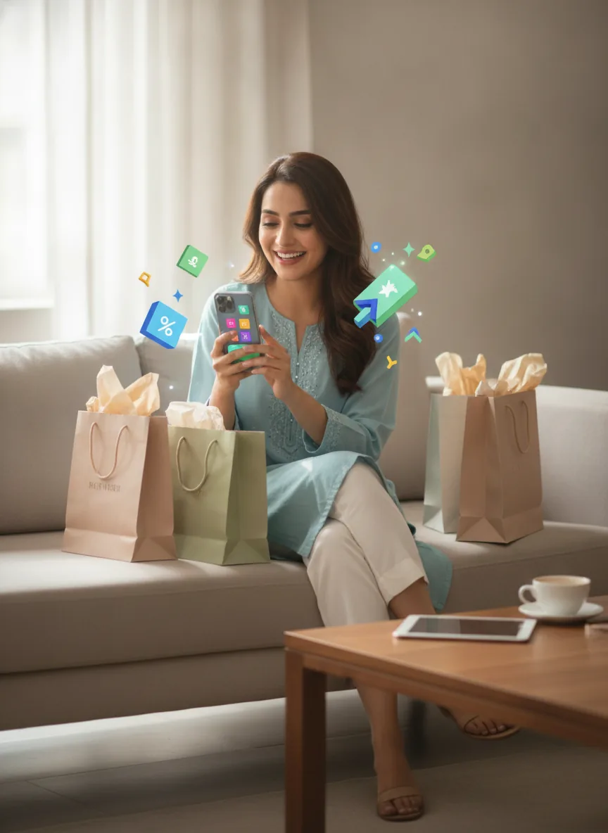 modern shopping savings concept for Bachaoo, happy Pakistani