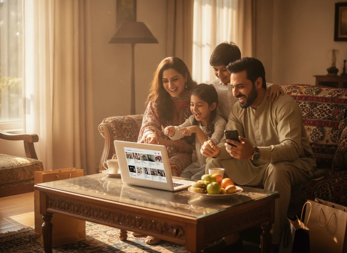 happy Pakistani family shopping online together, comparing deals